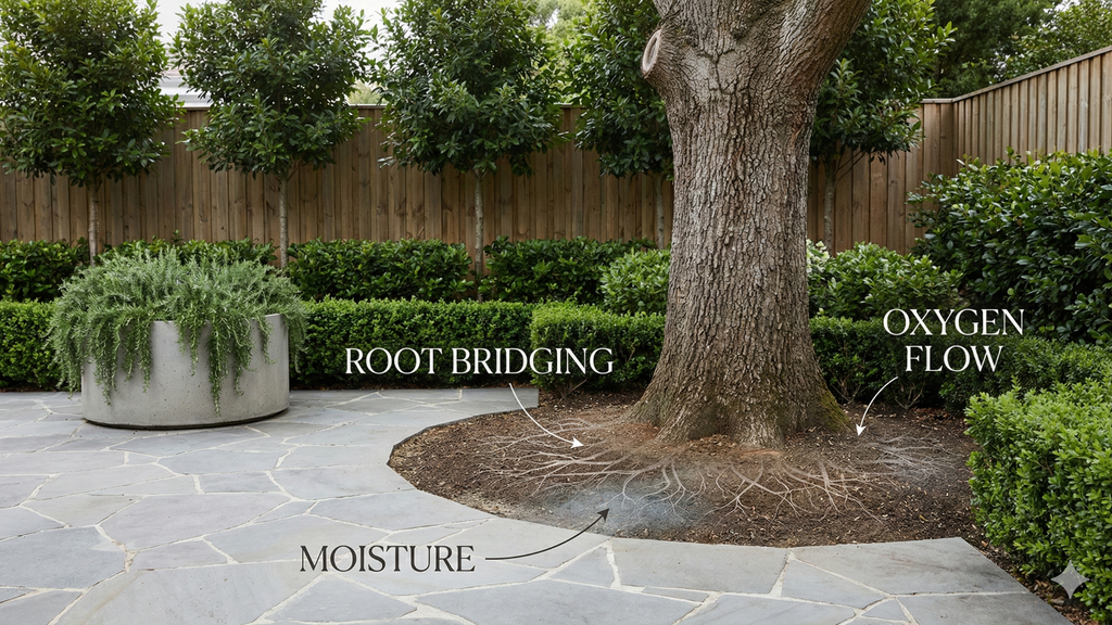 New roots bridging from the container media into the surrounding soil, showing the balance of moisture and oxygen an establishing root system needs.